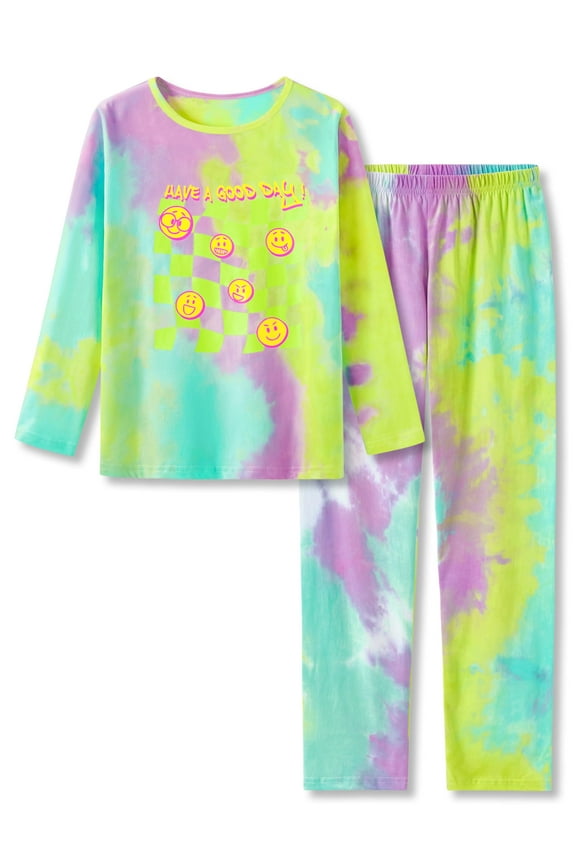 Cotton Pajama for Girls Tie Dye Checker & Face Long Sleeve Set 2-Piece Cute PJ Sleepover Size 10