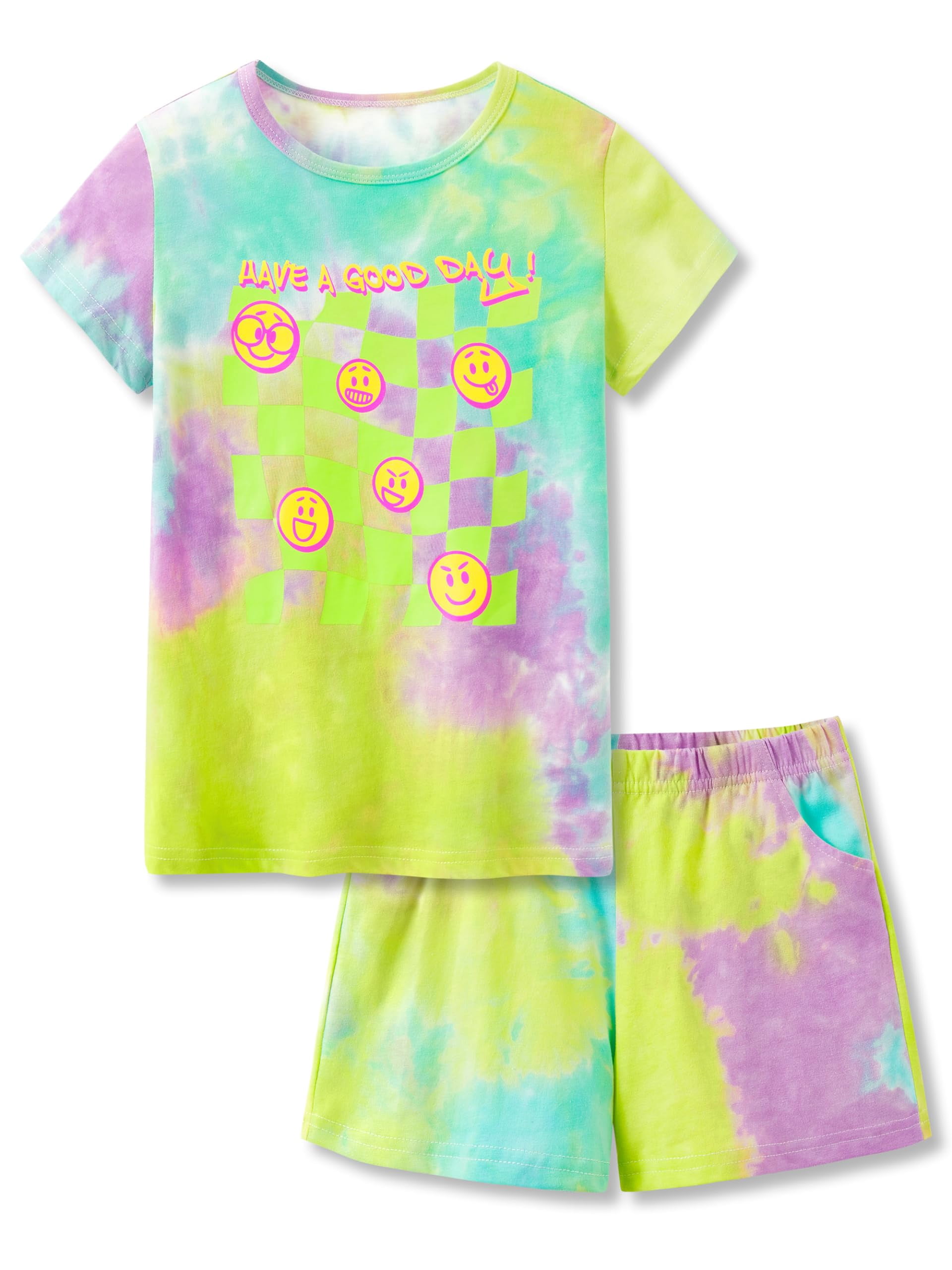 Beezizac Cotton Pajama for Girls Tie Dye Checker & Face Short Sleeve ...