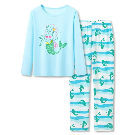 Beezizac Cotton Sleepover Pajama Set for Little & Big Girls Blue Mermaid Long Sleeve Set 2-Piece PJ Size 10