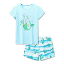 Beezizac Cotton Sleepover Pajama Set for Little & Big Girls Blue Mermaid Short Sleeve Set 2-Piece PJ Size 10