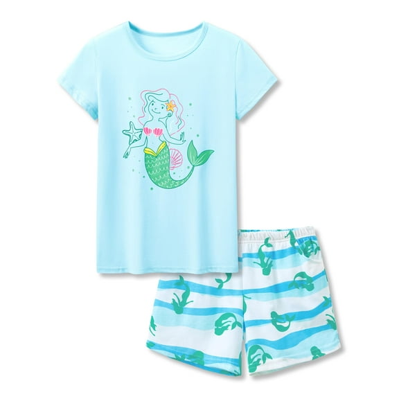 Beezizac Cotton Sleepover Pajama Set for Little & Big Girls Blue Mermaid Short Sleeve Set 2-Piece PJ Size 10