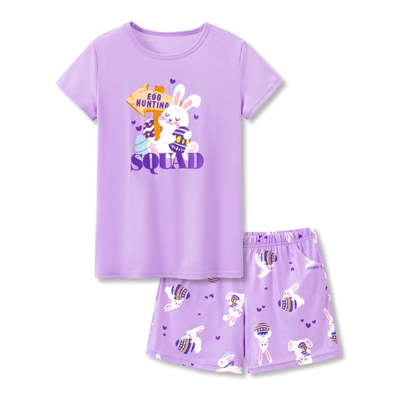 Beezizac Easter Bunny Pajamas for Girls Cute Tween Clothes Soft Short Sleeves PJ Set Summer Purple Rabbit Big Kid Size 8