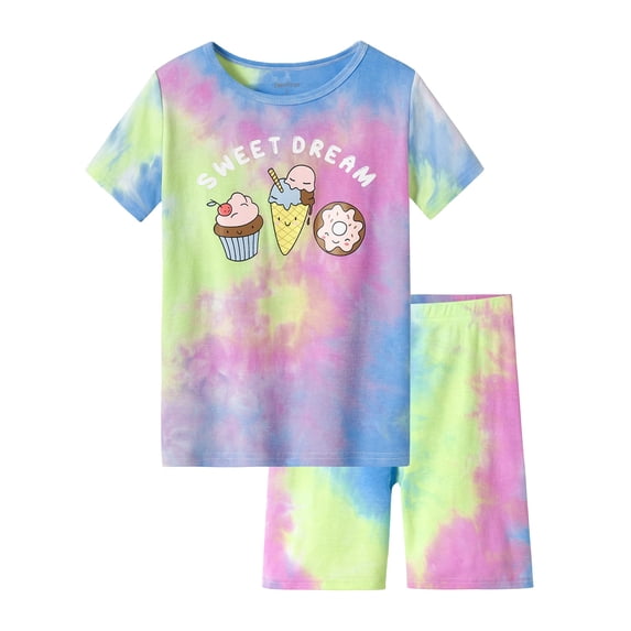 Beezizac Girls 100% Cotton Pajama Set Tie-Dye Ice-Cream Cupcake Shorts Jammies PJ Size 10