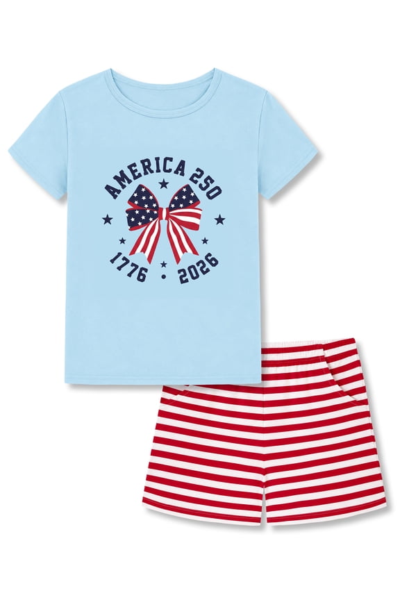 Girls' 4th of July Pajama Set Bow Print Light Blue Short Sleeve T-Shirt Red Striped Shorts Soft Kids Sleepwear Size 18