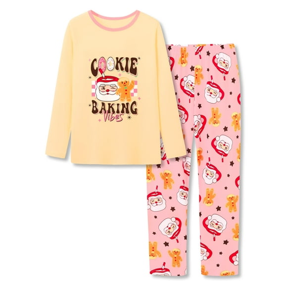 Beezizac Girls Christmas Pajamas Yellow & Pink Gingerbread Man Soft 2-Piece Long Sleeves Set Outfit Cute Kid Size 10