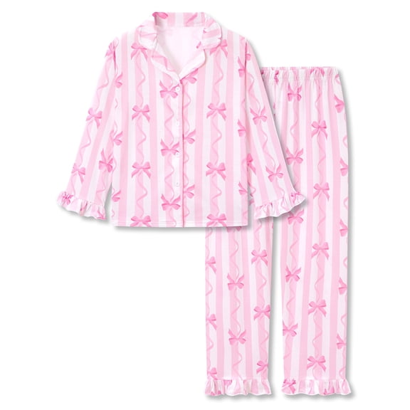 Beezizac Girls Long Sleeve Pajama Set All-Over Pink-White Striped Bow Print Lapel Button Down Ruffled Trim Kids Sleepwear Size 10