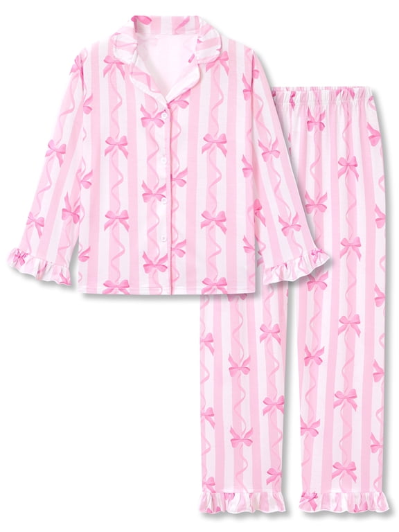 Girls Long Sleeve Pajama Set All-Over Pink-White Striped Bow Print Lapel Button Down Ruffled Trim Kids Sleepwear Size 10