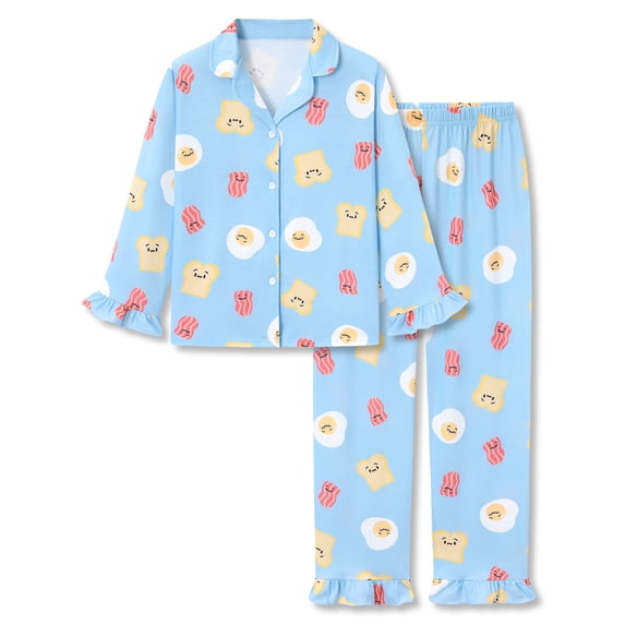 Beezizac Girls Long Sleeve Pajama Set All‑Over Toast Bacon Fried Egg Print Lapel Button Down Ruffled Trim Kids Sleepwear Size 12