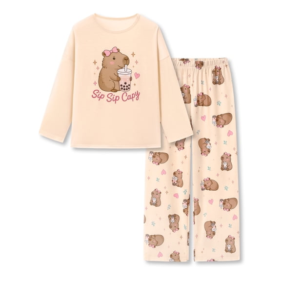 Beezizac Girls Long Sleeve Pajama Set Cute Milk Tea Capybara Print Cream Crew Neck Loose Wide Leg Kids 2 Piece Sleepwear Size 10