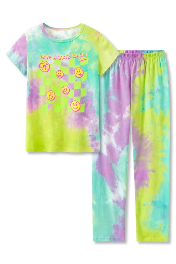 Girls Pajama Cotton Tie Dye Checker & Face Short Sleeve & Pants Set 2-PC Cute Sleepover Size 10