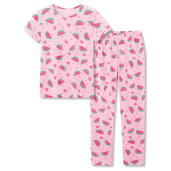 Beezizac Cotton Pajama for Girls - Pink Watermelon & Heart Shirt & Pants Set 2-Piece for Kids Sleepover PJ Size 18