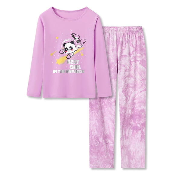 Beezizac Girls Pajama Cotton Tie Dye Purple Astronaut Panda Lont Sleeve Set 2-Piece Cute PJ Kid Size 10