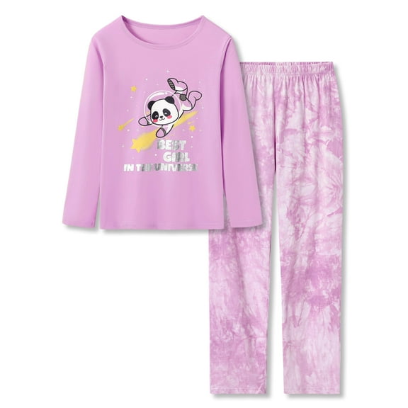 Beezizac Girls Pajama Cotton Tie Dye Purple Astronaut Panda Lont Sleeve Set 2-Piece Cute PJ Kid Size 10