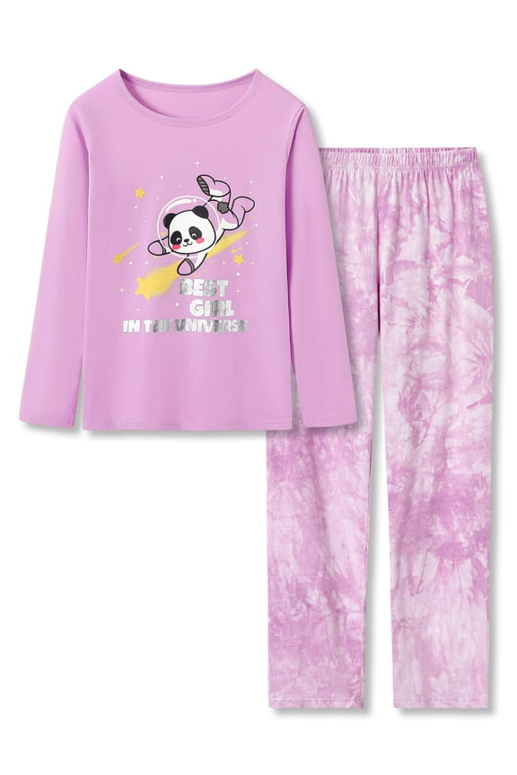 Girls Pajama Cotton Tie Dye Purple Astronaut Panda Lont Sleeve Set 2-Piece Cute PJ Kid Size 16