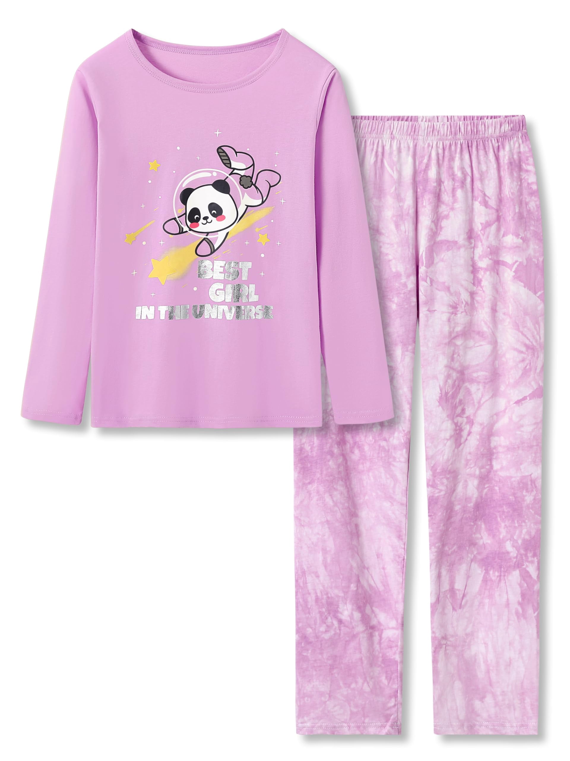 Beezizac Girls Pajama Cotton Tie Dye Purple Astronaut Panda Lont Sleeve Set 2-Piece Cute PJ Kid Size 18