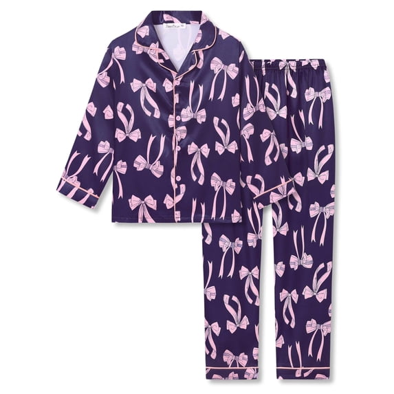 Beezizac Girls Pajama Dark Blue Bow Cozy Satin Silky 2-Piece Long Sleeves Winter PJS Kid Jammies Size 6/7