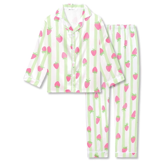 Beezizac Girls Pajama Green Stripe & Strawberry Cozy Satin Silky 2-Piece Long Sleeves PJS Kid Jammies Set Size 14