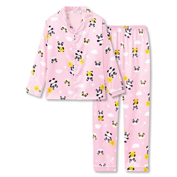 Beezizac Girls Pajama Panda Pink Satin Silky Comfy Long Sleeve Set Adorable 2-Piece Winter Jammies Kid Size 16
