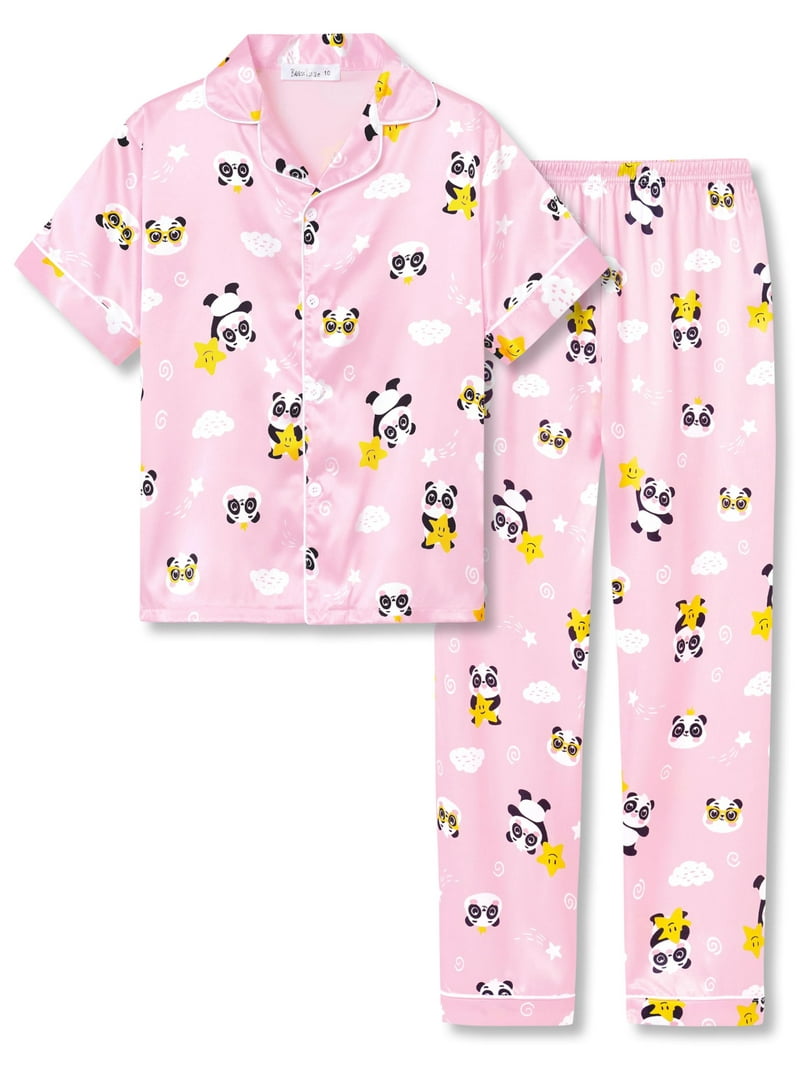 Beezizac Girls Pajama Panda Pink Satin Silky Short Sleeve Pants