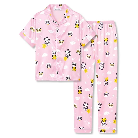 Beezizac Girls Pajama Panda Pink Satin Silky Short Sleeve & Pants Set Cute 2-Piece Summer Kid Jammies Size 6/7