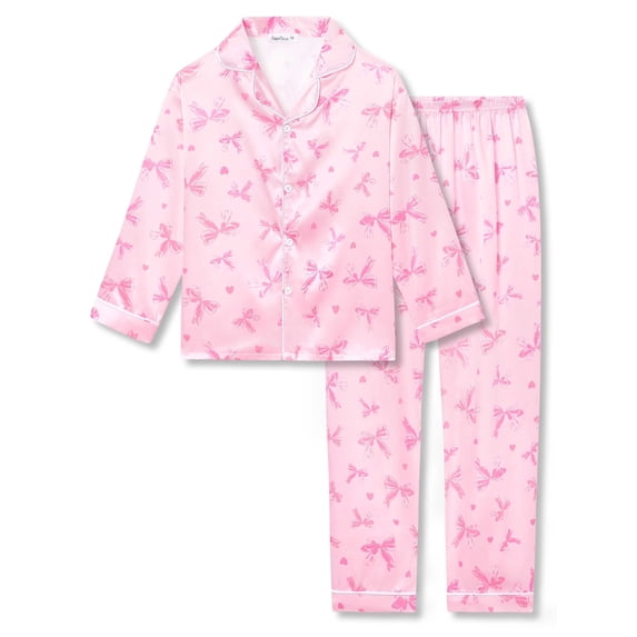 Beezizac Girls Pajama Pink Bow & Heart Cozy Satin Silky 2-Piece Long Sleeves Winter PJS Kid Jammies Size 14