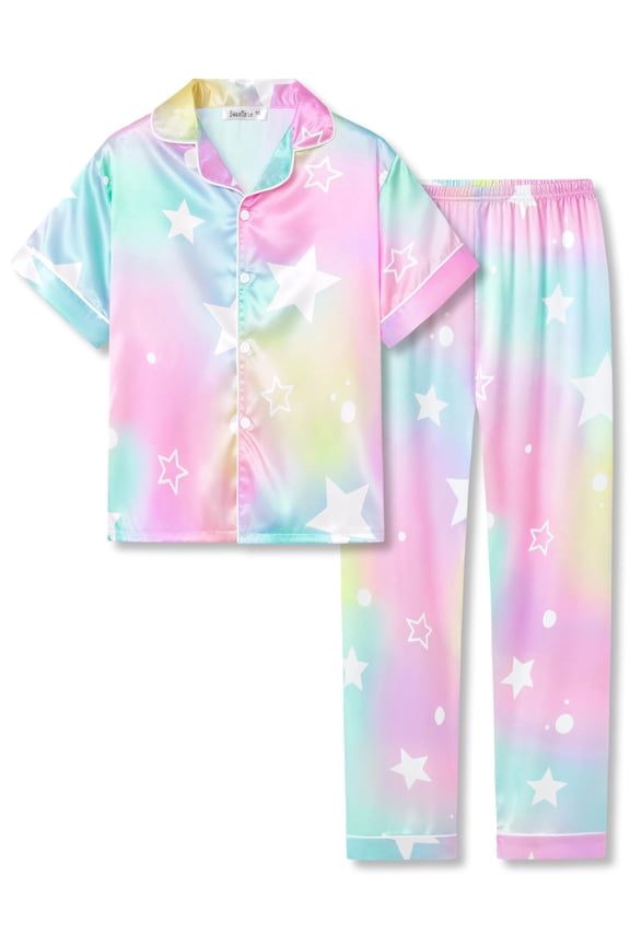 Girls Pajama Satin Silky Multicolor & Stars Short Sleeve and Pants Sets 2-Piece Fancy Outfits Size 12