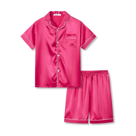 Beezizac Girls Pajama Sets Satin Silky Hot Pink Comfy Trendy Summer Short Outfit Kid PJ 2-Piece Size 16