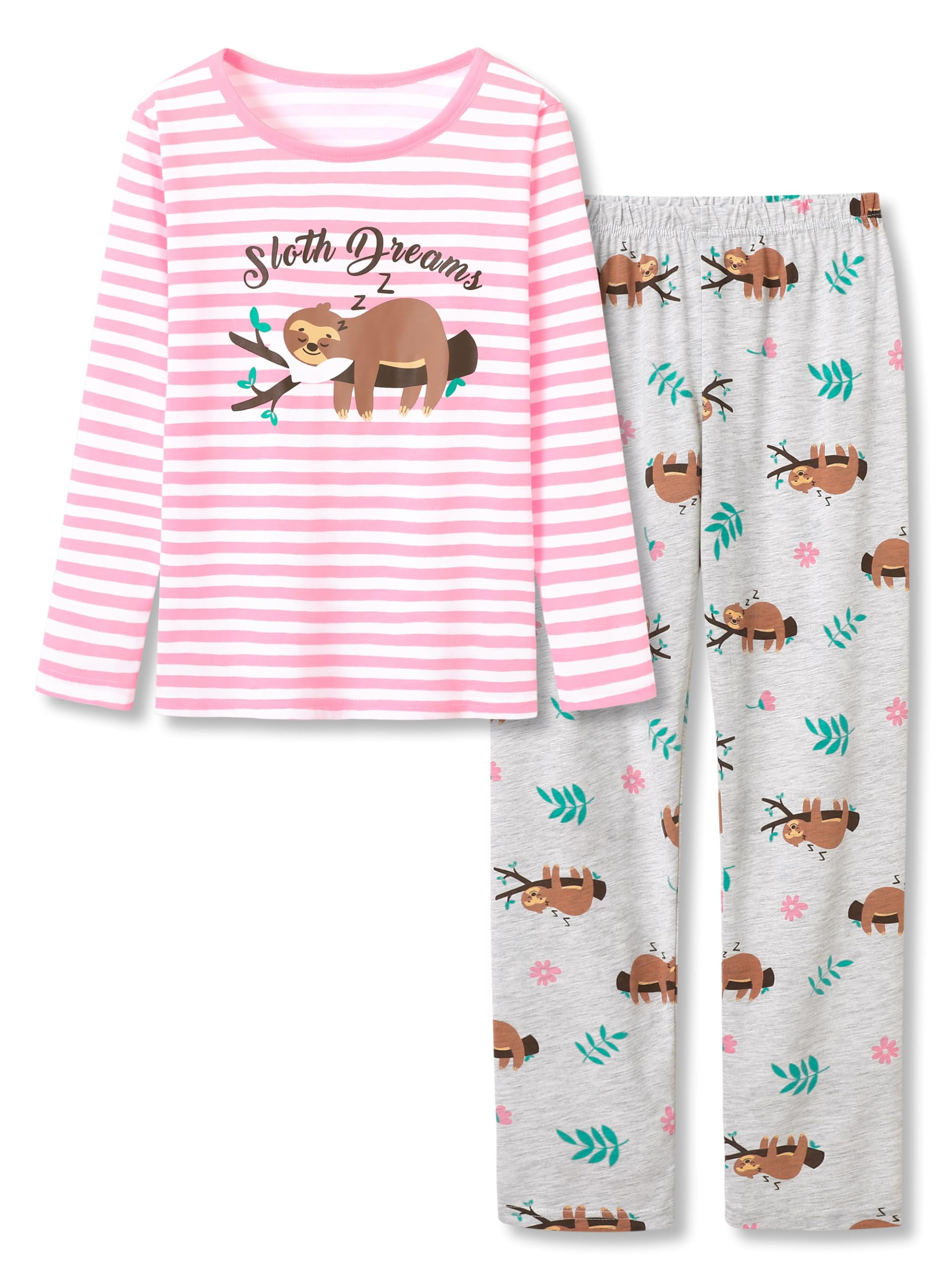 Beezizac Girls Pajama Soft Cotton Pink & Cute Gray Sloth Long Sleeve ...
