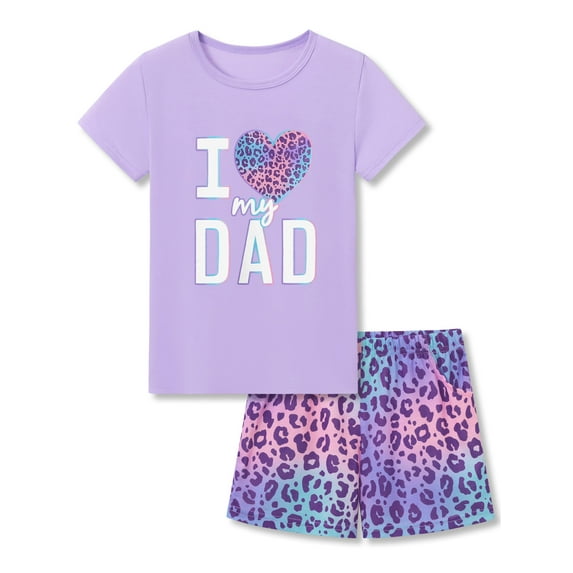 Beezizac Girls Pajamas Colorful Leopard-Print I LOVE MY DAD Comfy Summer Short Sleeve Sleepwear Outfit PJ Size 10