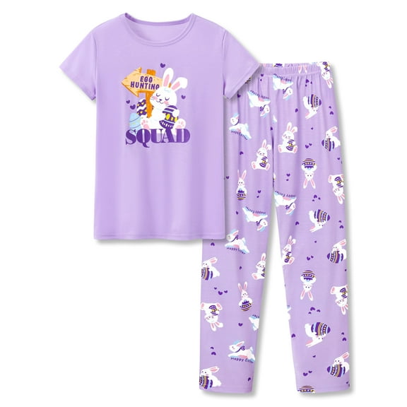 Beezizac Girls Pajamas Easter Purple Rabbit Short Sleeves & Pants Cute Soft Spring Summer Kid PJ Set Size 4T