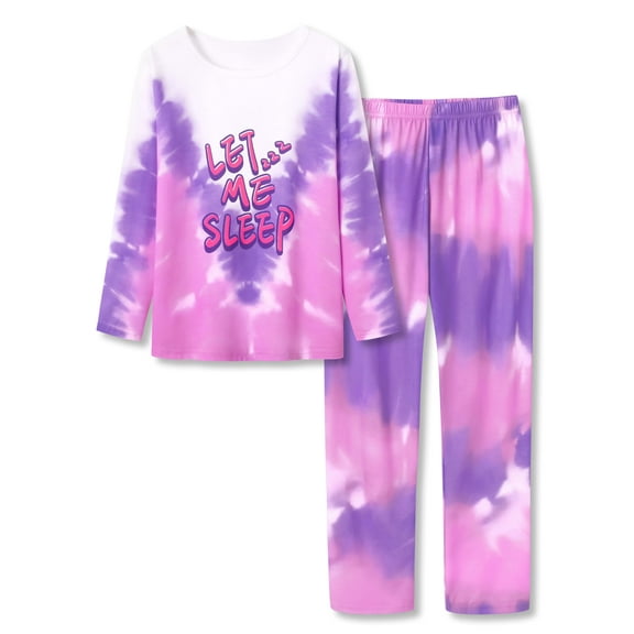 Beezizac Girls Pajamas Tie Dye Pink & Purple Let Me Sleep Long Sleeves Set Cozy Comfy 2-Piece Winter Outfit Kid Size 8