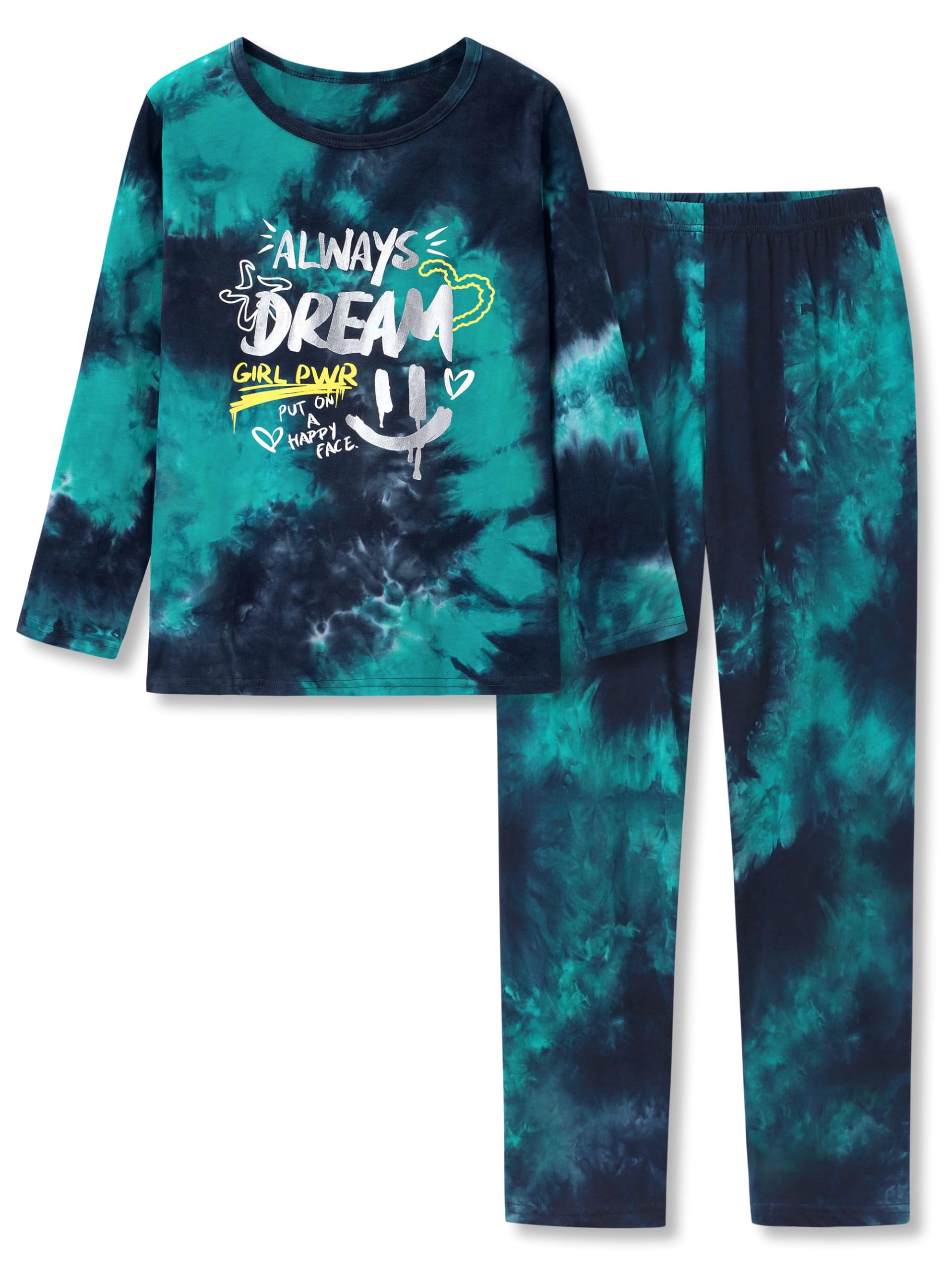 Beezizac Girls' Pure Cotton Pajamas-Cool Tie Dye Blue Graffiti Comfortable 2-PC Long Sleeves & Pants Set PJ Size 18