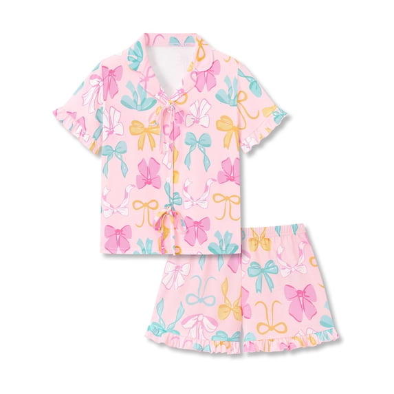 Beezizac Girls' Short Sleeve Pajama Set All-Over Colorful Bows Print Bow Tie Ruffled Trim Soft Kids Sleepwear Size 16