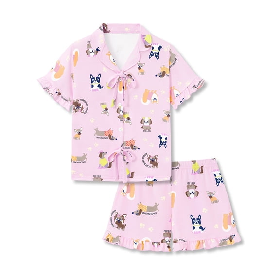Beezizac Girls' Short Sleeve Pajama Set All-Over Cute Dogs Print Bow Tie Ruffled Trim Soft Kids Sleepwear Size 10