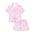 thumbnail image 1 of Beezizac Girls' Short Sleeve Pajama Set All-Over Pink Striped Bow Print Bow Tie Ruffled Trim Soft Kids Sleepwear Size 10, 1 of 5