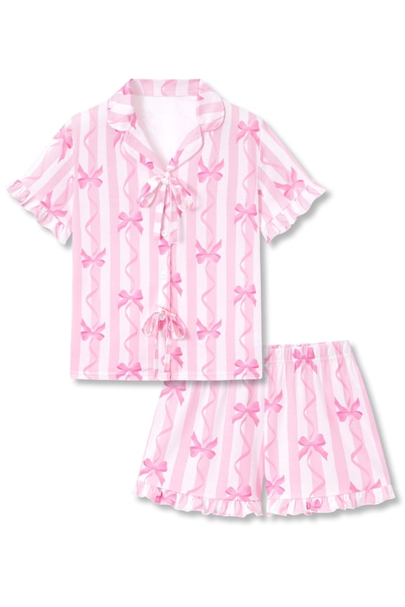 Girls' Short Sleeve Pajama Set All-Over Pink Striped Bow Print Bow Tie Ruffled Trim Soft Kids Sleepwear Size 12