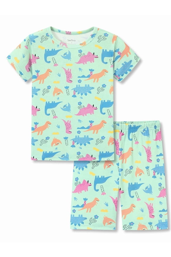 Girls' Short Sleeve Pajama Set Cotton Slim Fit All-Over Cute Dinosaurs Print Soft Kids Sleepwear Size 12