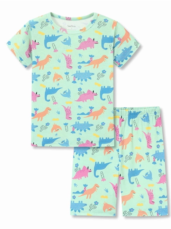 Girls' Short Sleeve Pajama Set Cotton Slim Fit All-Over Cute Dinosaurs Print Soft Kids Sleepwear Size 5T