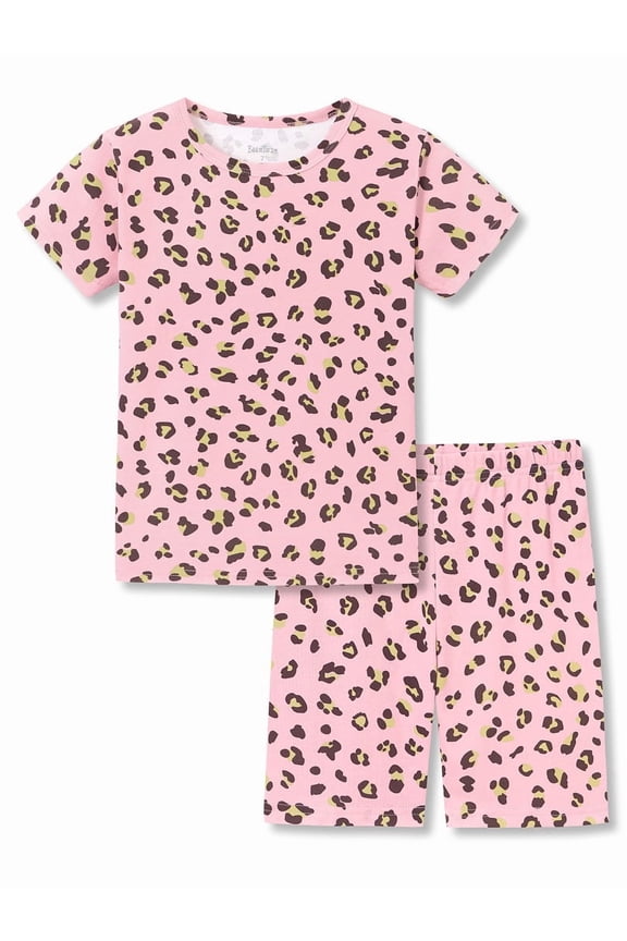Girls' Short Sleeve Pajama Set Cotton Slim Fit All-Over Pink Leopard Print Soft Kids Sleepwear Size 12