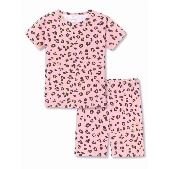 Beezizac Girls' Short Sleeve Pajama Set Cotton Slim Fit All-Over Pink Leopard Print Soft Kids Sleepwear Size 4T