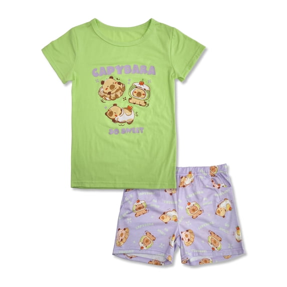 Beezizac Green Capybara Pajamas for Girls Cute Short Sleeve Summer Cozy Sleepwear Outfit Kids PJ Set Size 12