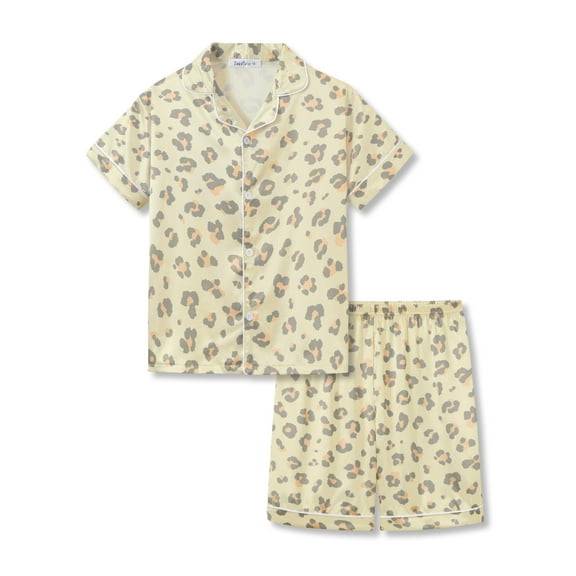 Beezizac Leopard Beige Satin Silky Pajama Short Set For Big Girls Summer Soft Teen 2-Piece Pjs Size 14