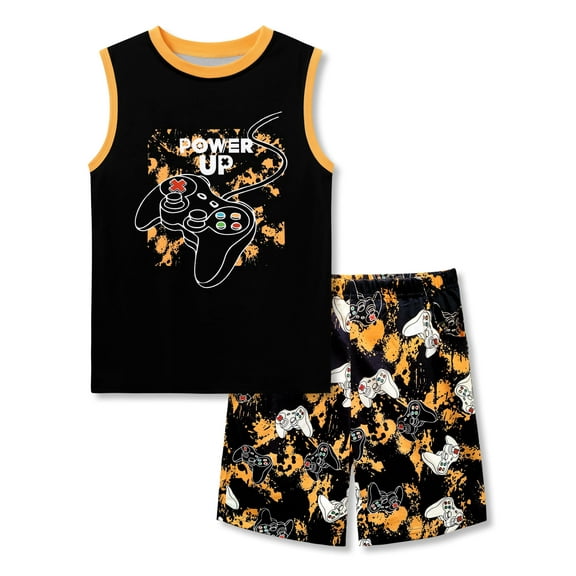 Beezizac Little & Big Boys 2-Piece Cozy Summer Pajamas Yellow Gamer Tank Top & Shorts Cool PJ Kid Set Size 16
