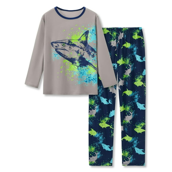 Beezizac Little & Big Boys 2-Piece Pajamas Gray Shark Cool Long Sleeve Soft Kid PJ Set Size 12