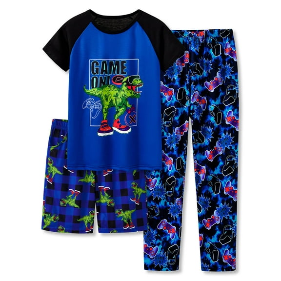 Beezizac Little Big Boys Dino & Gamer Pajamas 3-Piece Short Sleeves Set & Pants PJ Kid Jammies Size 6