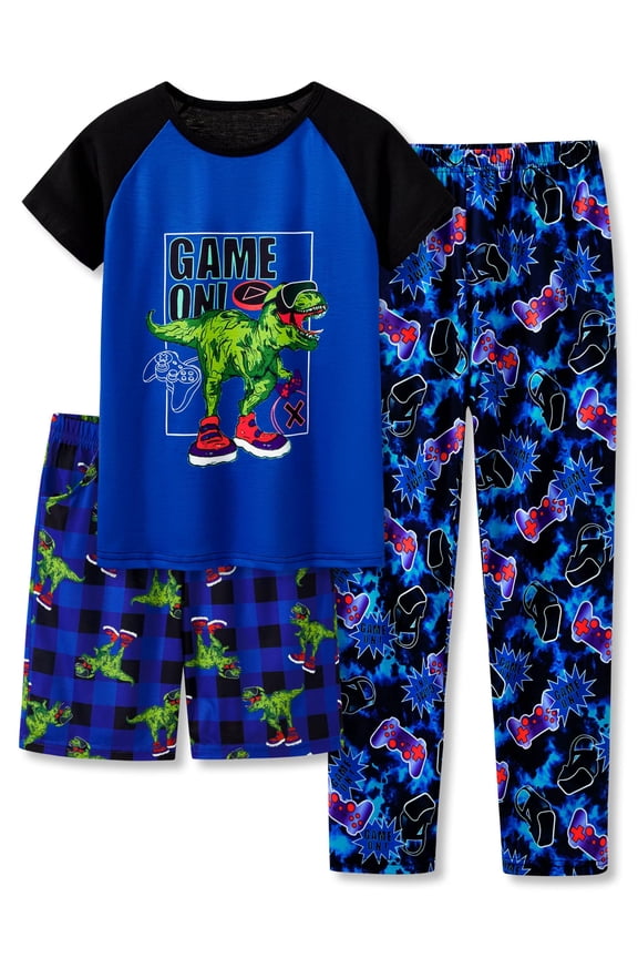 Little Big Boys Dino & Gamer Pajamas 3-Piece Short Sleeves Set & Pants PJ Kid Jammies Size 8