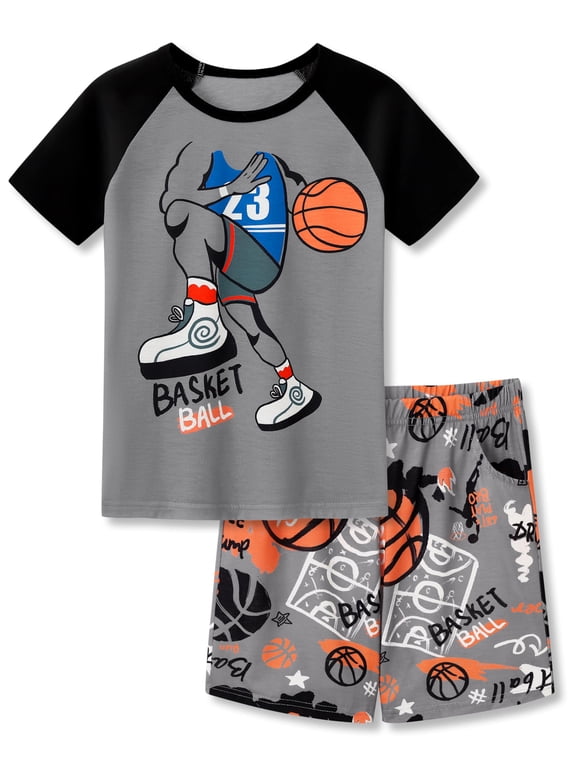 Little & Big Boys Pajamas Gray Basketball Cool Sport 2-Piece Short Sleeve Comfy Kid PJ Set Size 16