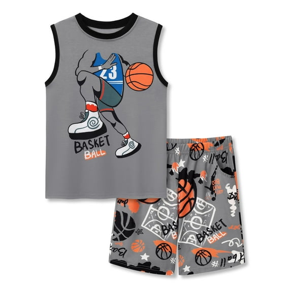 Beezizac Little & Big Boys Pajamas Gray Basketball Cozy 2-Piece Tank Top & Shorts Sleeve Cool Kid PJ Set Size 14