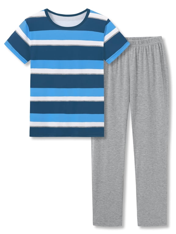 Little & Big Boys Pajamas Gray & Blue Striped Short Sleeve & Pants Comfy 2-Piece PJ Set Kid Jammise Size 18
