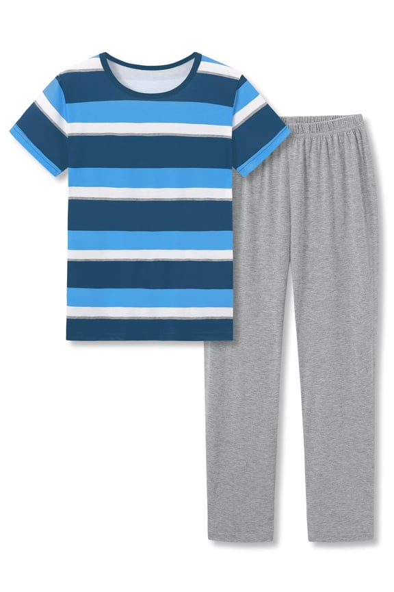 Little & Big Boys Pajamas Gray & Blue Striped Short Sleeve & Pants Comfy 2-Piece PJ Set Kid Jammise Size 8